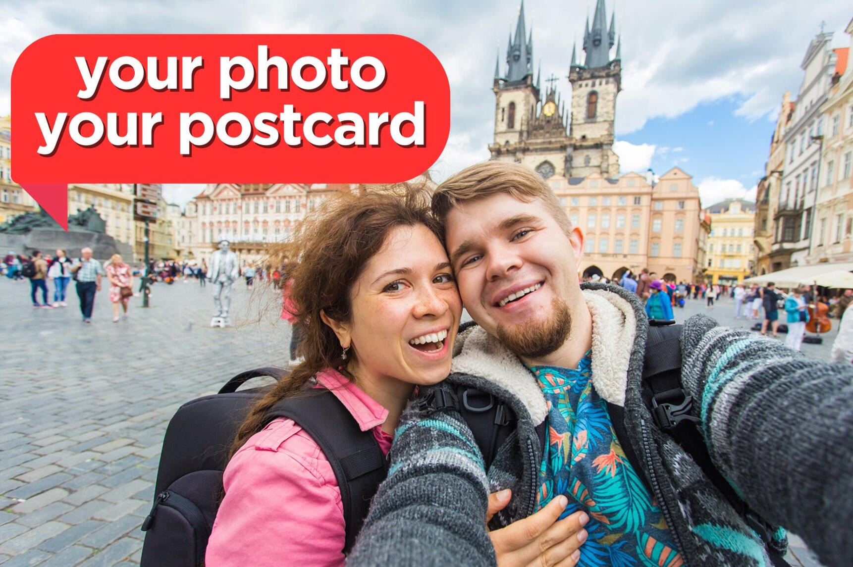 Prague tourists couple taking selfie on city street